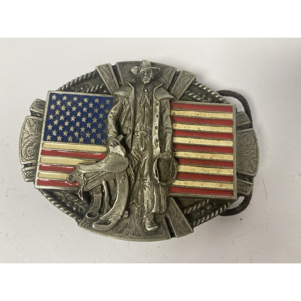 Bergamot Patriotic USA Flag‎ Cowboy Rope Saddle Pewter Belt Buckle K-256 Vintage